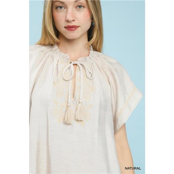 Umgee Embroidered Boho Blouse with Tassel Tie - Picture 4 of 5